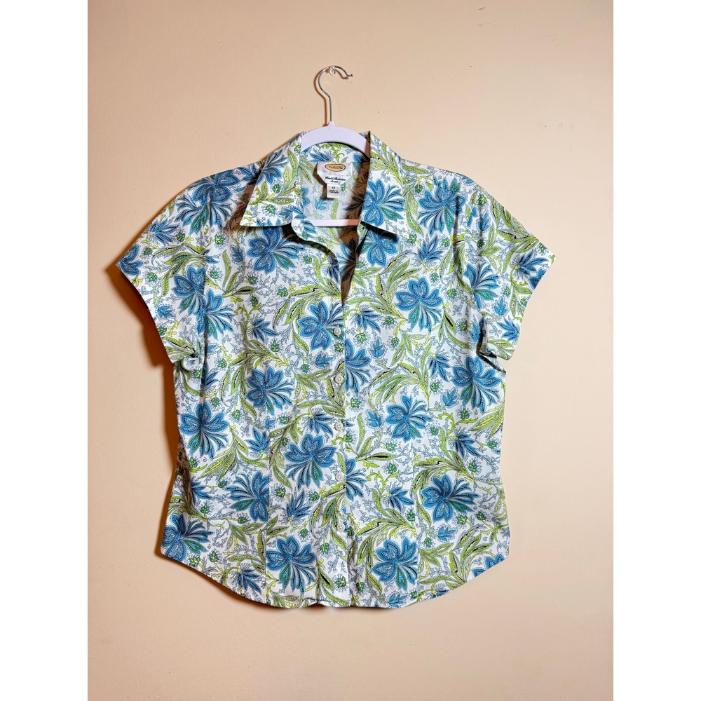 Talbots Blue Green Floral Paisley Button Down Shirt Wrinkle Resistant Stretch 12